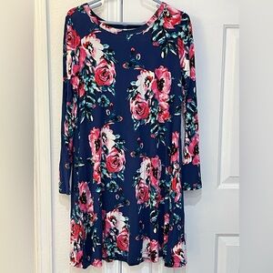 HiMONE-SCOOP NECK, LONG SLEEVE DRESS. Multi Color Floral. Size L